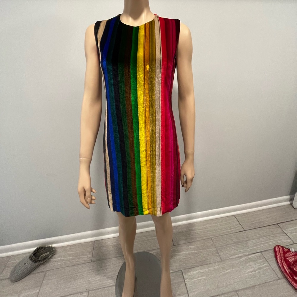 this is a milly size 4 rainbow velvet lined dress it is a mini dress length
